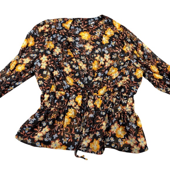 Old Navy Black Floral Print‎ Smocked Waist Peplum Blouse Top XL flowy boho - Picture 4 of 11